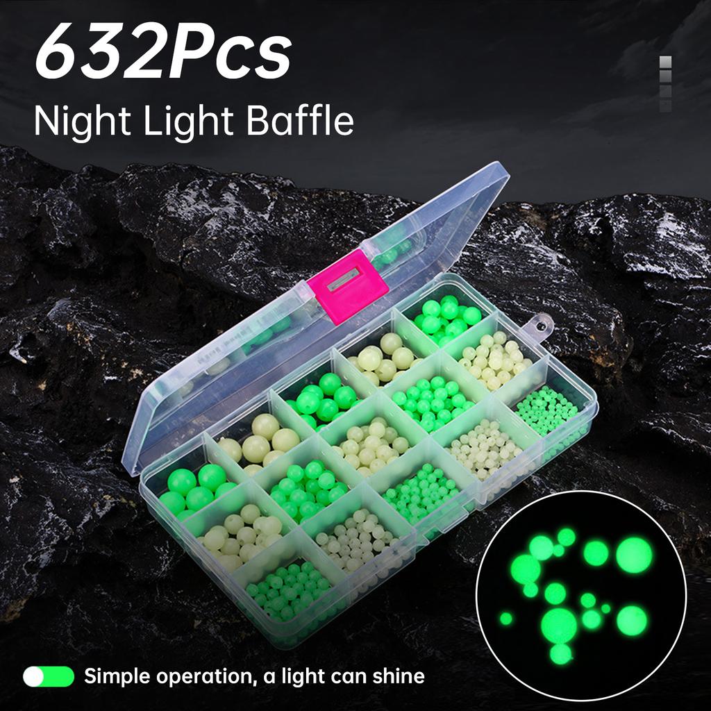 Fishing Beads,632 pcs Round Luminous Glow Rubber Soft Fishing Beads with Plastic Box, Multiple Sizes Sea Fishing Tackles