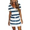 Women's Summer Dress Striped V-neck Short Sleeve T-Shirt Dress Casual Tie Wasit Mini Dress with Pockets