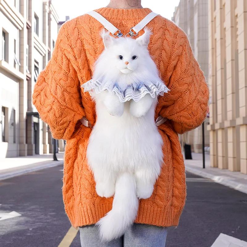 Fashion White Cat Bag Plush Girl Backpack Super Cute Trendy Pure Handmade Simulation Cat Shopping Bag Birthday Gifts For Kids