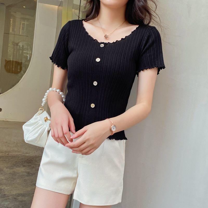 Summer Women Fashion Slim Short Sleeve T-shirt Knitted Elastic Short Tops