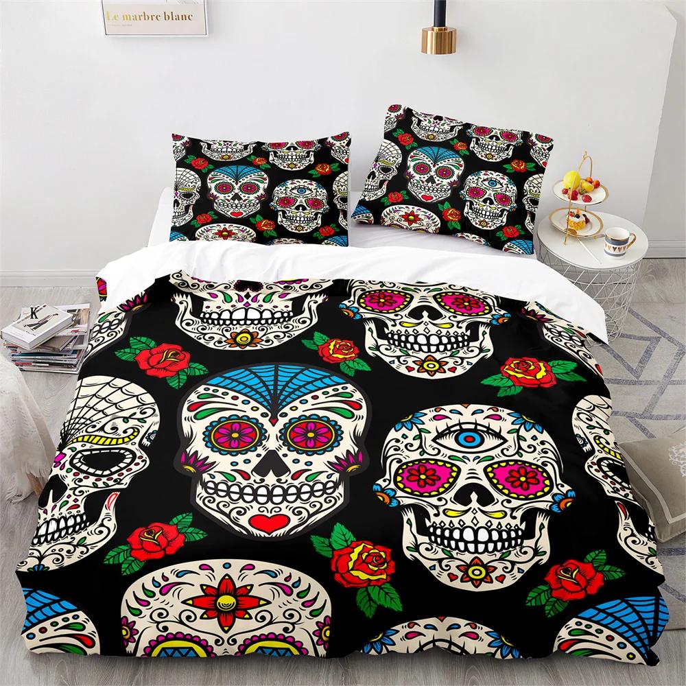 Sugar Skull King Queen Duvet Cover Gothic Skeleton Bones Floral Bedding Set Day Of The Dead Theme 2/3Pcs Polyester Quilt Cover