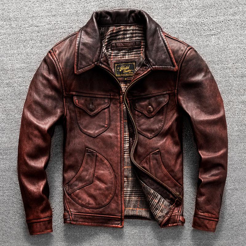 Retro Old-layer Cowhide Men's Lapel Motorcycle Suit Genuine Leather Jacket Autumn and Winter Jacket