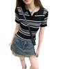 Japan and Korea 1116 summer retro striped knitted sweater design sense short polo collar T-shirt women's chic short-sleeved top