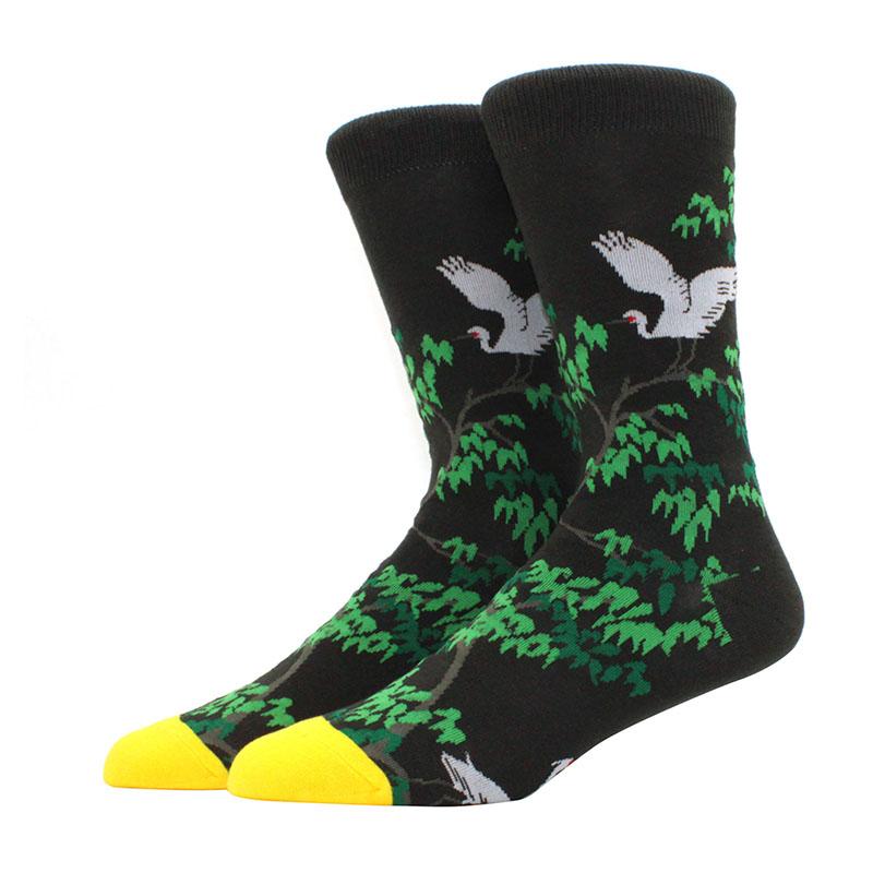 Roliga glada herrstrumpor med grafisk design, kammad bomull, omelett, groda, galen klocka, lax, majs, fågel, fisk, strumpa, julklapp