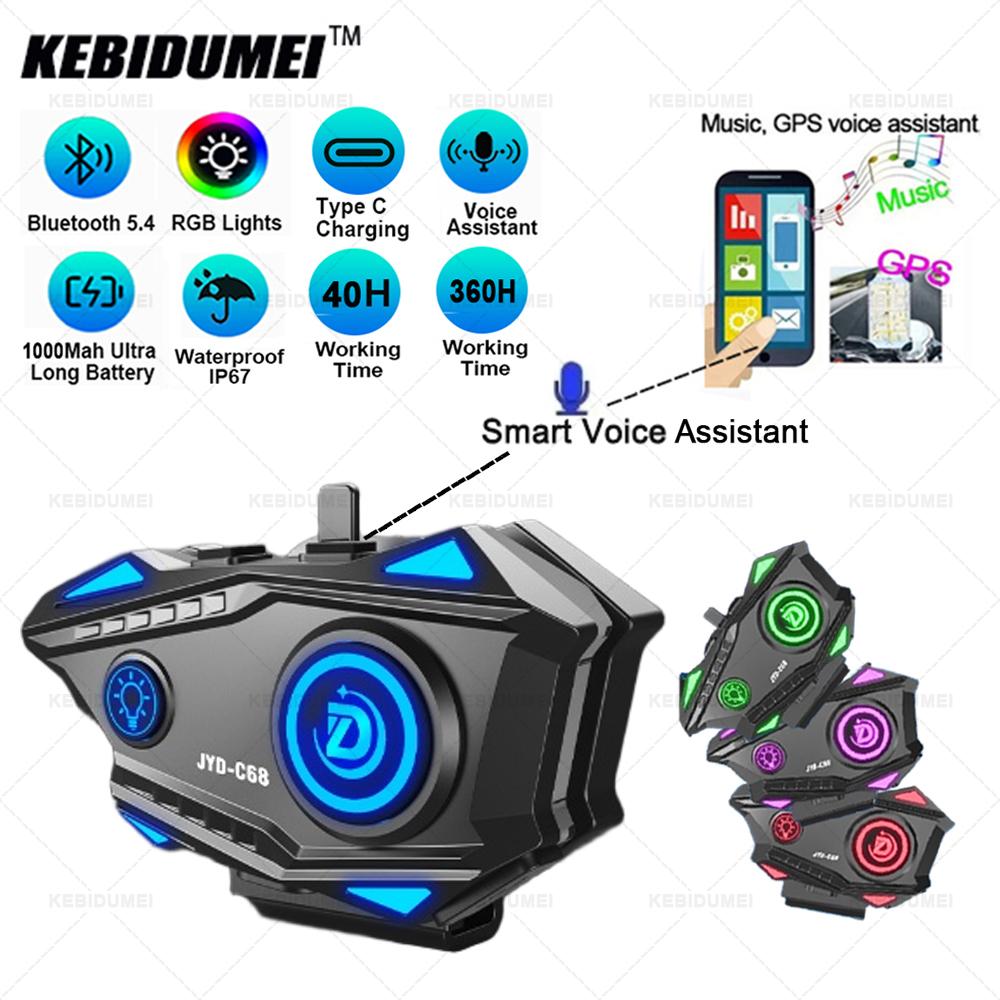 Motorcycle Helmet Headset Bluetooth 5.4 Earphone RGB Lights IPX67 Waterproof Voice Assistant Handsfree Call 1000mah Battary