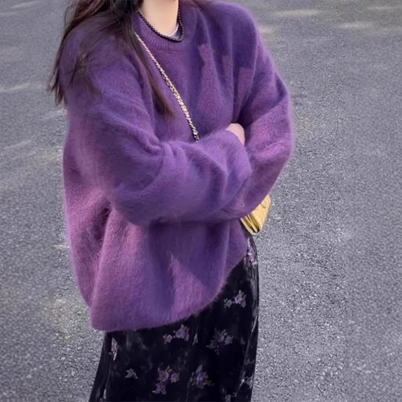 Purple crew neck plush mink plush pullover women's autumn and winter new high-end loose lazy knitted sweater top