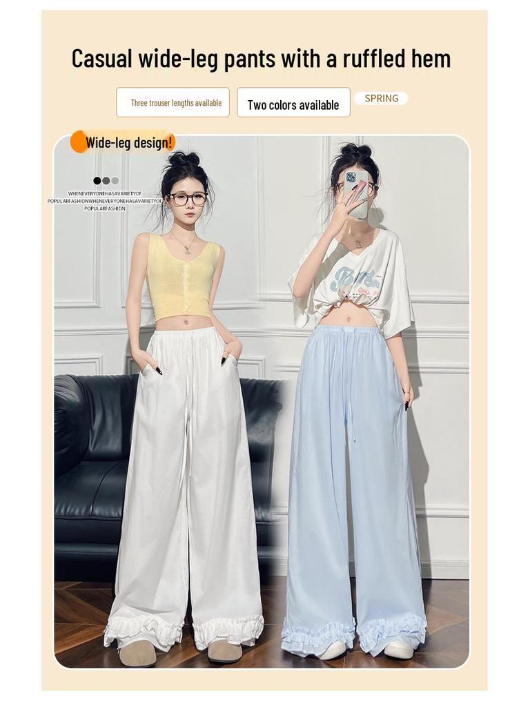 Women's High-Waist Ice Silk Wide-Leg Lace Pants - Summer Casual Slimming Drape