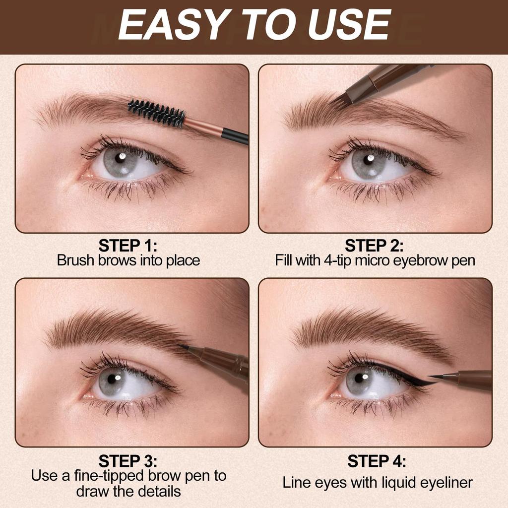 Boobeen 3-Piece Hair-Like Eyebrow Pen Makeup Kit: Black Liquid Eyeliner, Women's Waterproof Eyebrow Pencil (with Eyebrow Brush), Long-Lasting Eye