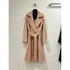 Manuela Water Ripple Wool Blend Coat Slim Fit Mid-Length Notched Lapel Tie Belt Classic Camel Womens Blazer