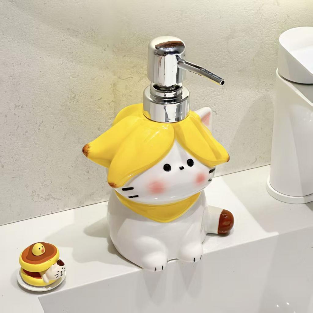 370ml Soap Dispenser Cartoon Cat Lotion Dispenser Bathroom Ceramic Press-type Hand Soap and Shower Gel Separate Bottles