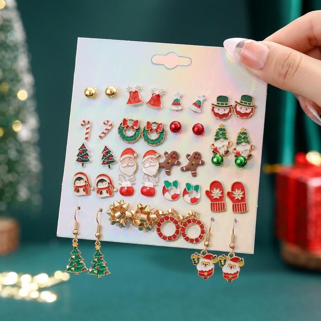 12/20 Pair Christmas Earring Set For Women Shiny Crystal Zircon Snowflake Elk Bowknot Elk Xmas Tree Earring New Year Gifts