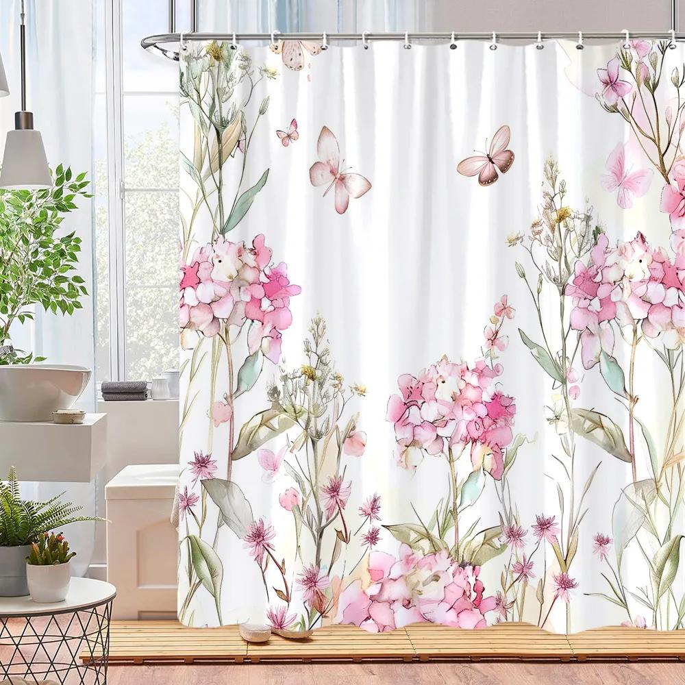 Beautiful Watercolour Botanical Floral Shower Curtain Pink Blue Floral Home Polyester Shower Curtains Bathroom Decor with Hooks
