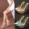 Fashion 2025 Summer ultra-high heel sandals High transparent profiled crystal shoes Waterproof platform 15CM slope heel women's shoes