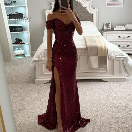 Třpytivé plisované šaty Elegantní výstřih do V Odhalená ramena Maxi Krátký rukáv Detail pasu Dlouhé Úzké Večerní párty Maturitní Ples Štíhlé Sexy Rozparek Jednobarevné Odhalená ramena