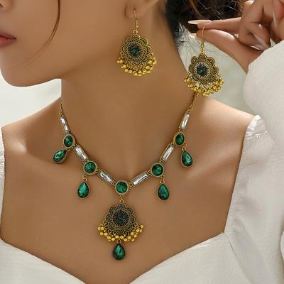 Women Water Drop Crystal Statement Necklace Earrings Jewelry Set