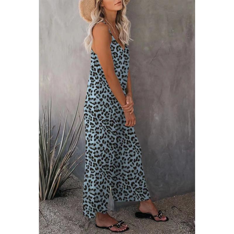 Women Summer Casual Sleeveless Leopard Print Loose Strap One Piece Long Jumpsuit