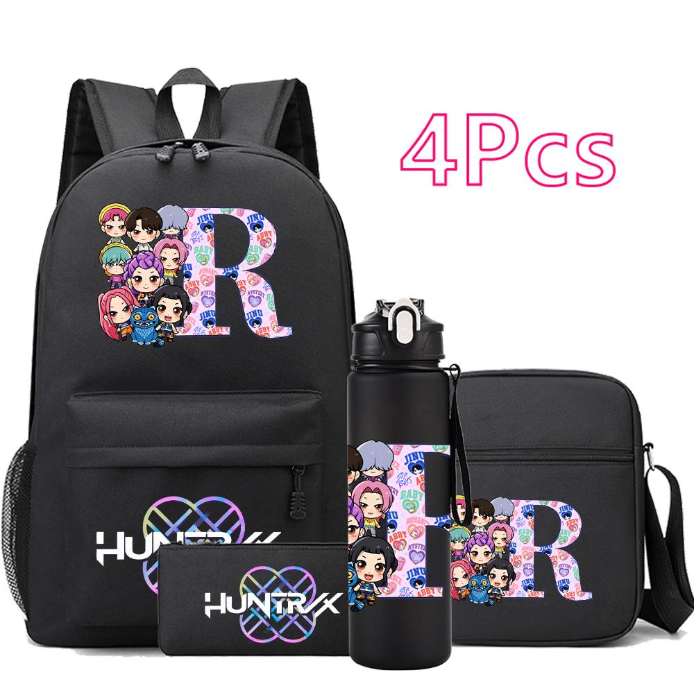 4 st/set 26 engelska bokstäver Kpop-tryckt ryggsäck Stor kapacitet Bokväska Axelväska Fodralväska med 750 ml vattenflaska Pojke Flicka Skolväska Barnpresent