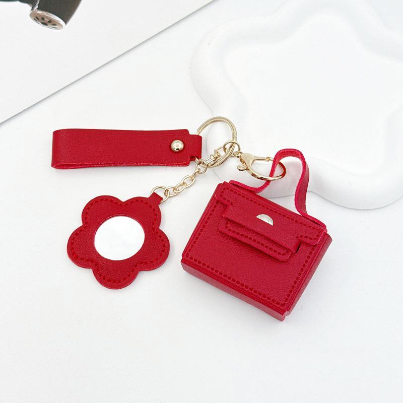 Mini PU Leather Keychain Bag with Flower Mirror Wrist Strap Trendy Bag Charm Perfect Christmas Gift for Female Friends