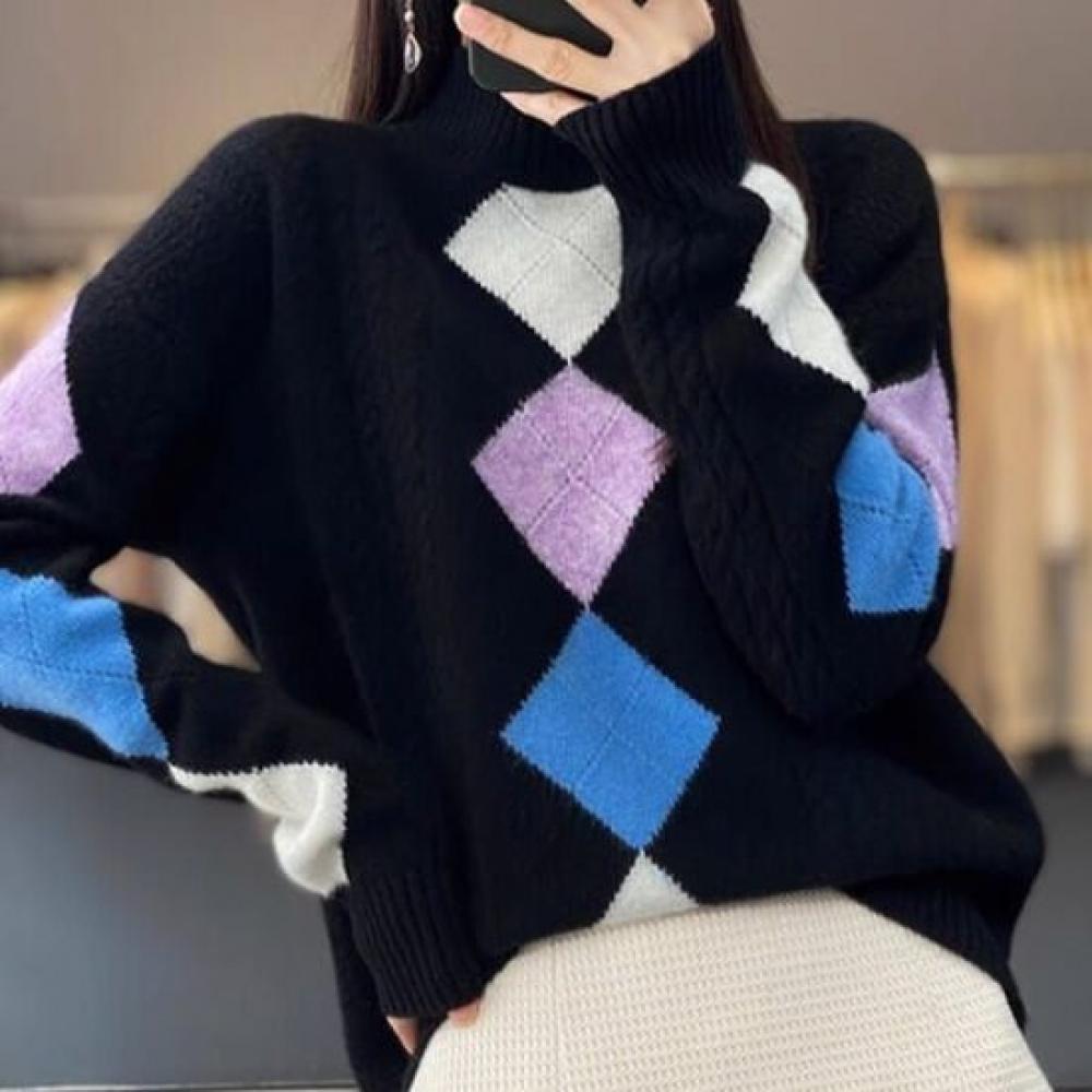 Navava Women Cable Knit Diamond High Neck Long Sleeve Sweater Nk2591