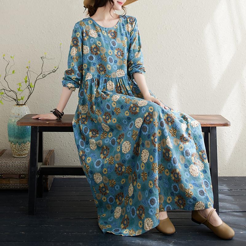 DIMANAF 2024 Rochie de primăvară mărime Plus pentru femei, rochie boemă ocazională cu imprimeu floral, rochie lejeră pentru plajă, decolteu O, verde, femeie