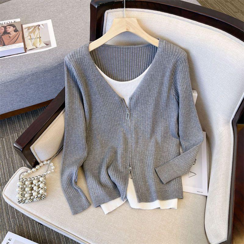 Women's Plus Size Loose Slimming Knit Sweater: Versatile Two-Piece Base Shirt for Spring & Autumn