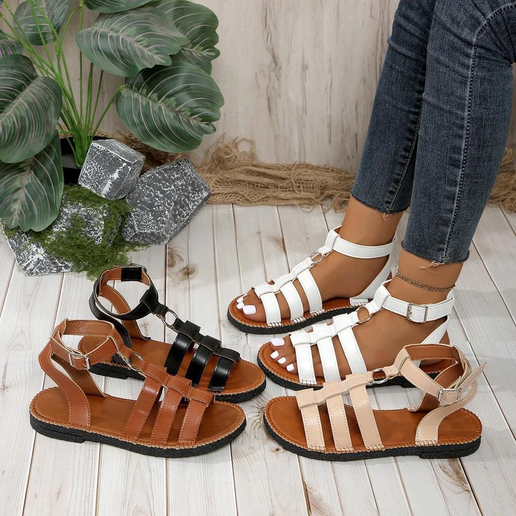 Fashion Sandals Women's 2025 Fashion Leather PU Round Toe Ankle Metal Buckle Platform Women's Shoes Handmade Flat Sandals in Summer