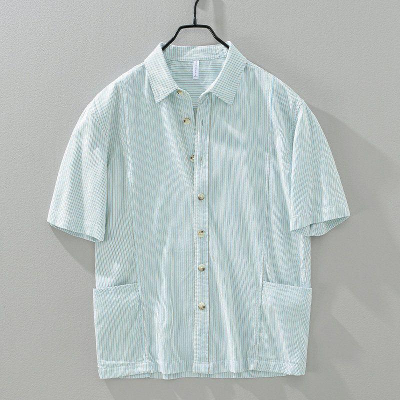 Summer High-End Japanese-Style Casual Short-Sleeve Shirt for Men, Loose Striped Oversized Jacket