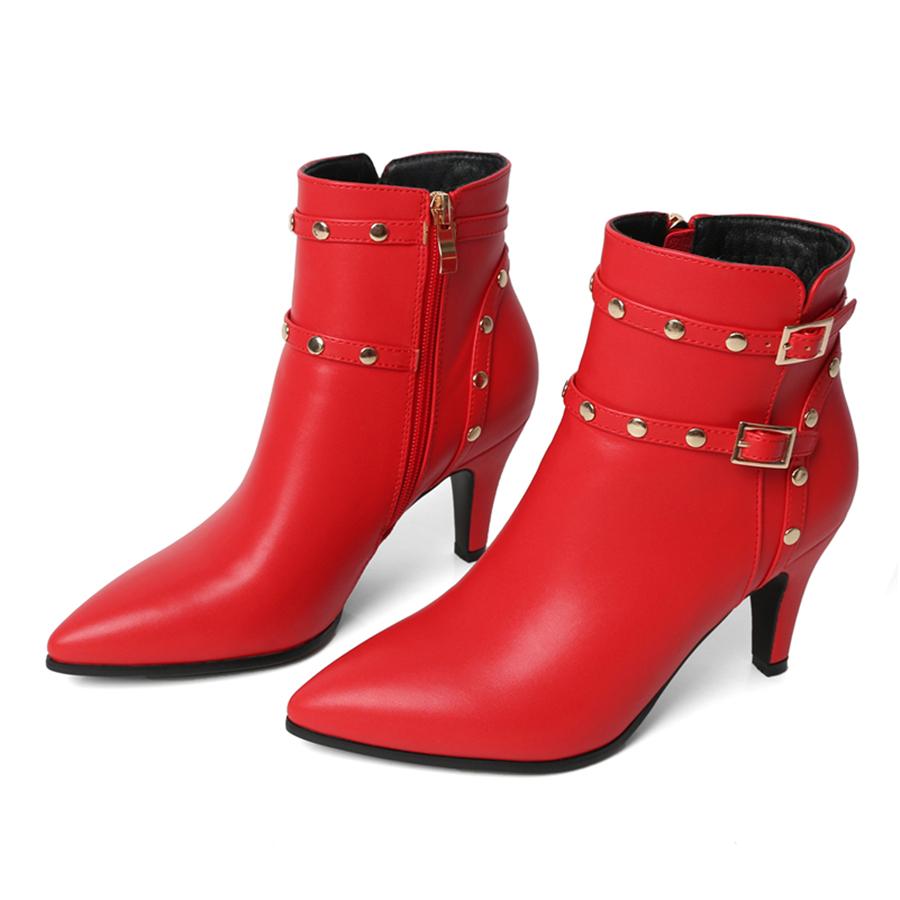 

FOREADA Women Ankle Boots Pointed Toe Kitten High Heels Buckle Zipper Rivets Short Boots Ladies Fashion Shoes Winter Red 46 39 красный
