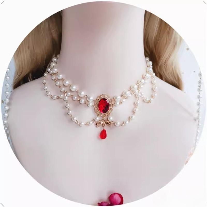 Elegant Black Layered Necklace Vintage Imitation Pearl Necklaces Gothic Victorian Lolita Costume Necklaces for Bridal Wedding