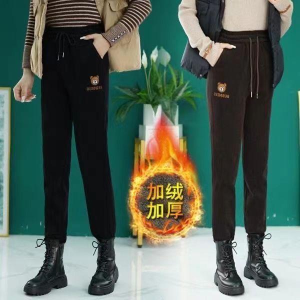 Bear Sweatpants Women's Autumn and Winter Wicks Fleece Thickened Men's and Women's Leisure Sports Tied Feet Women's Sports Pants