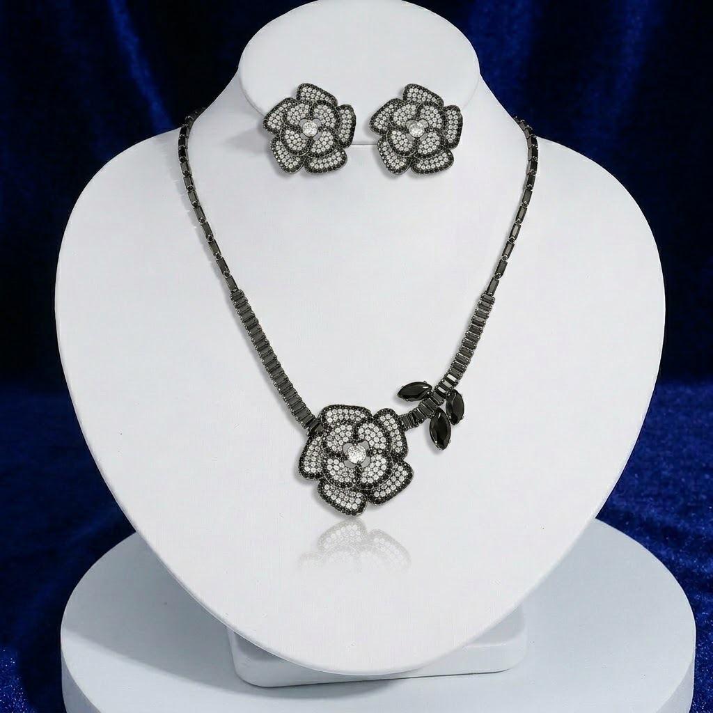 Black Rose Zirconia Flower Necklace and Earrings Set for Women