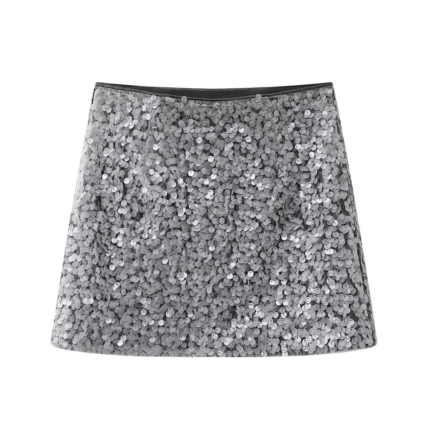 Spring 2026 Women s High-Waisted Sequin A-Line Skirt for Petite Small серый
