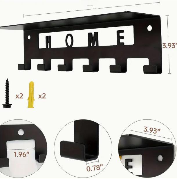 Wandmontierte schwarze Metall-Garderobe mit Regal und 6 Haken
