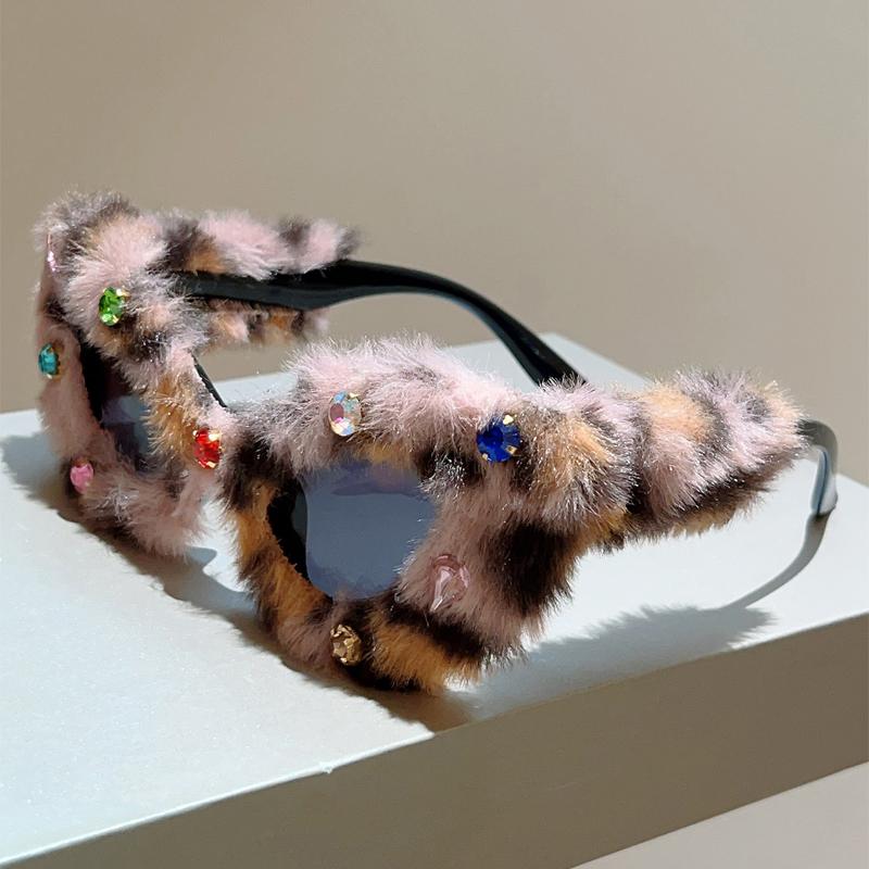 

KAMMPT Furry Cat Eye Sunglasses with Rhinestones Women Cute Winter Outdoor Decor Shades Trendy Handmade Woolen Rim Sun Glasses without case