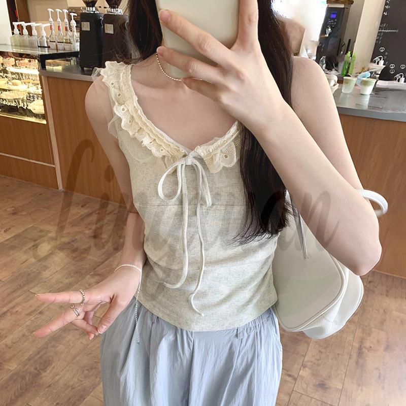 French Chic Lace-Trimmed Tie-Up Ruched Camisole - Waist-Cinching Sweet Summer Top XL