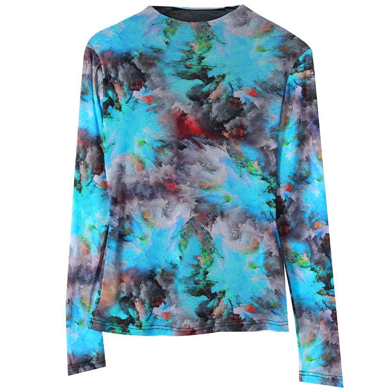 Camiseta Básica de Malla Estampada Fina de Moda para Mujer, Nueva, Elástica, Ajustada, de Manga Larga, Cuello Medio Alto, Tipo Jersey