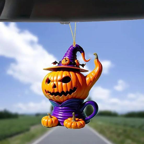 Automobile Pendant Lightweight Acrylic Rearview Mirror Decoration 2D Pumpkin Design Safety Anti-Blocking Cat Pendant