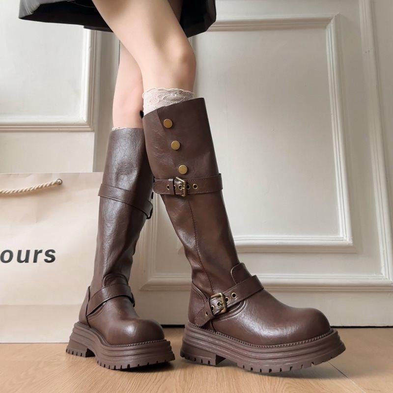 New tall knight boots 2025 boots autumn and winter thick-soled thin thick heel belt buckle British retro boots women