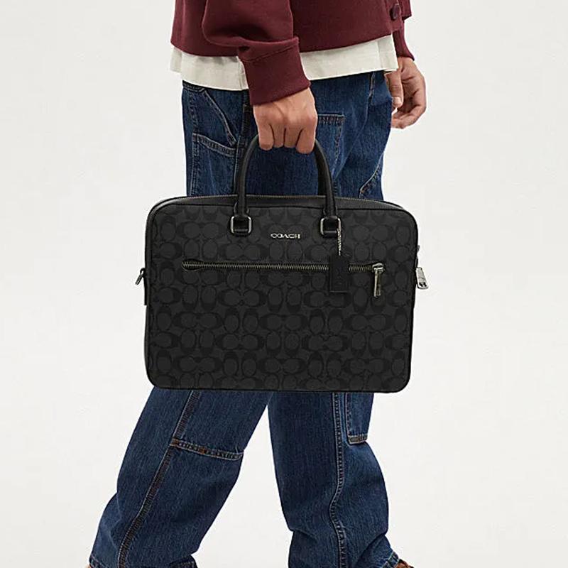 Coach ETHAN 38 Classic Logo Zipper Closure, Artificial Leather, Portable Shoulder Crossbody Briefcase, Large Size, Men's Black