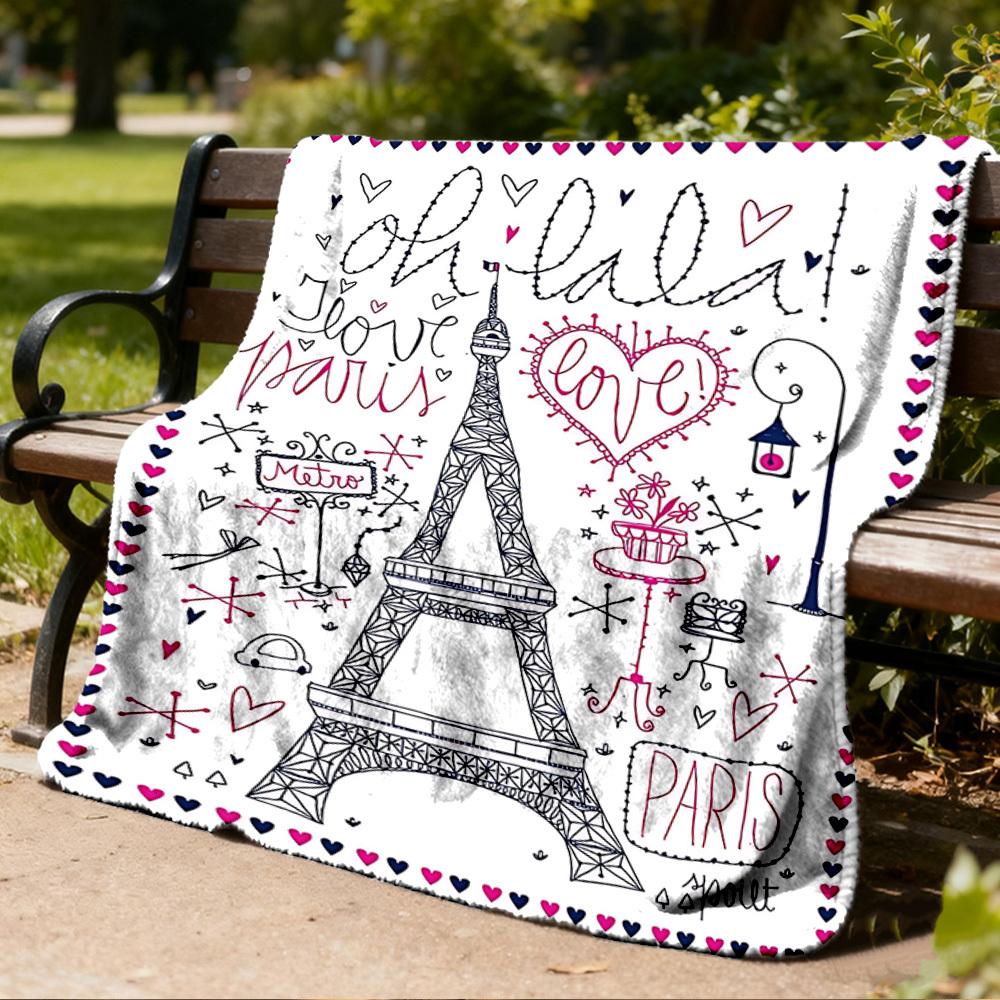 1pc Eiffel Tower, Paris Love Print Outdoor Blanket, Lightweight Polyester,