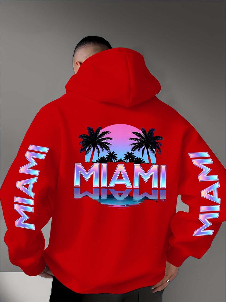 Street Culture Symbol Print Hellblau Gradient Sonnenuntergang + Palme. Herren Herbst-Winter Kapuzenpullover mit Miami-Schriftmuster-Print