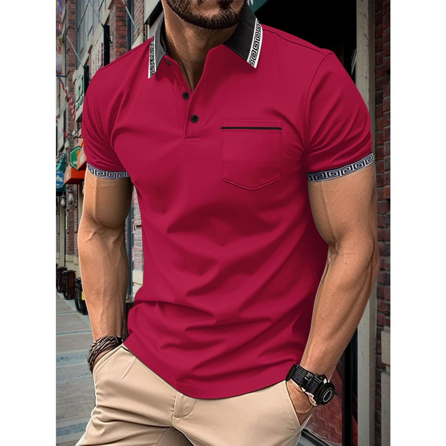 

Летняя новая мужская однотонная рубашка поло с лацканами и нагрудным карманом для повседневной носки L бордовый