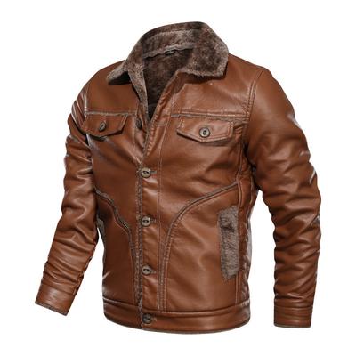 Winter Large Size Fur One-piece Jacket for Men, Lapel Plus Velvet Men's Casual PU Leather Jacket