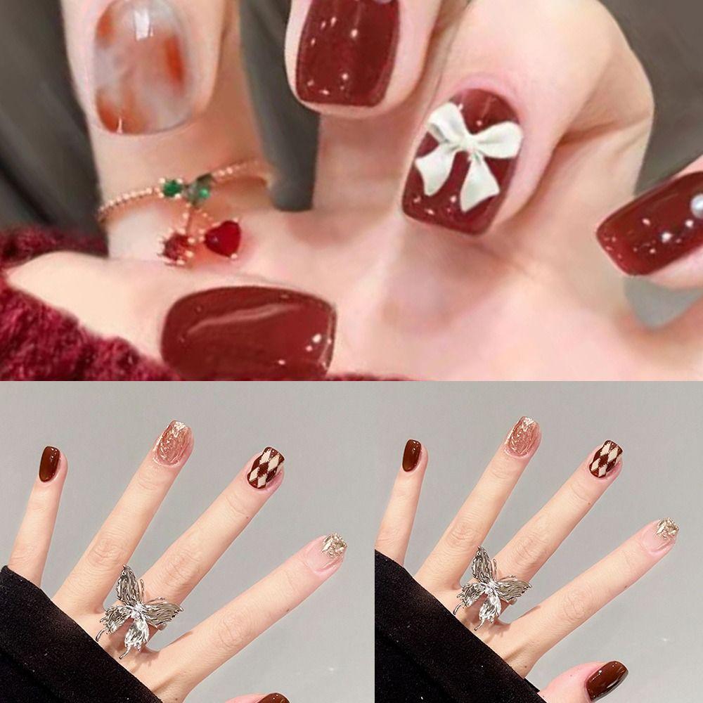 

24pcs Detachable Fake Nials Brown Press on Nails Short French False Nails Square