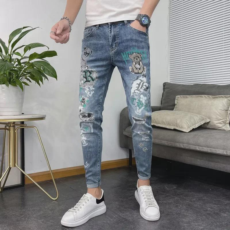 Men's Korean Style Bear Print Slim-Fit Elastic Pencil Jeans