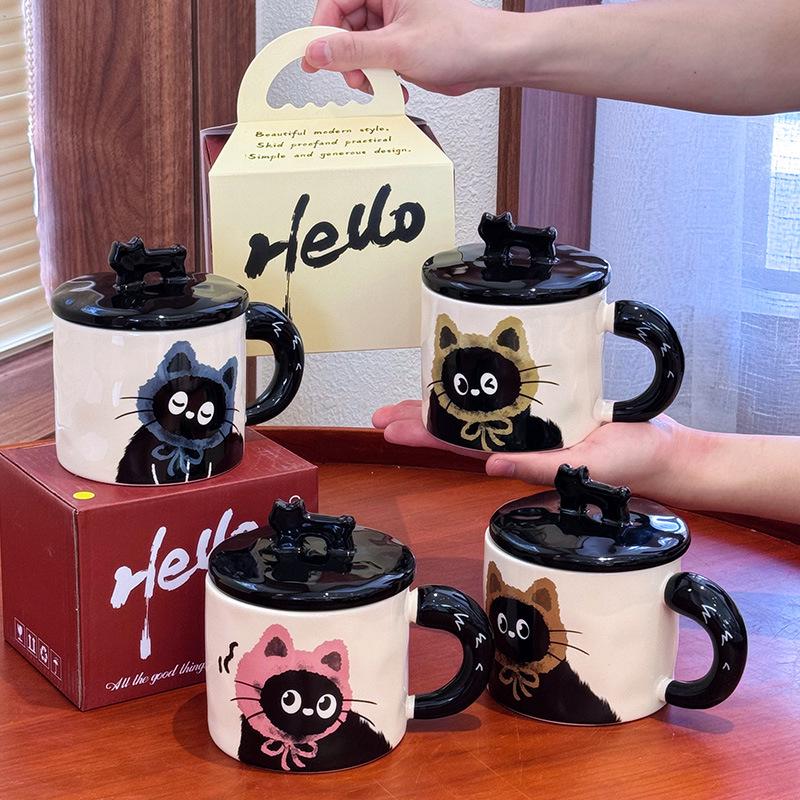 Ceramic Cat Mug with Lid - Cute Office Cup, Couple Gift, Souvenir Boxed, Birthday Present