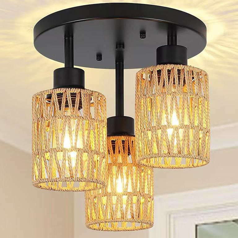 American Style Hand-Woven Faux Rattan Pendant Ceiling Light for Restaurants, Bars, and Bedrooms