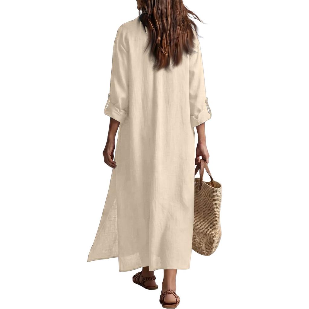 Abito a Camicia a Maniche Lunghe con Collo a Revers Casual Vestibilità Larga Abiti in Lino e Cotone per Donna Abiti Primavera Estate per Donna