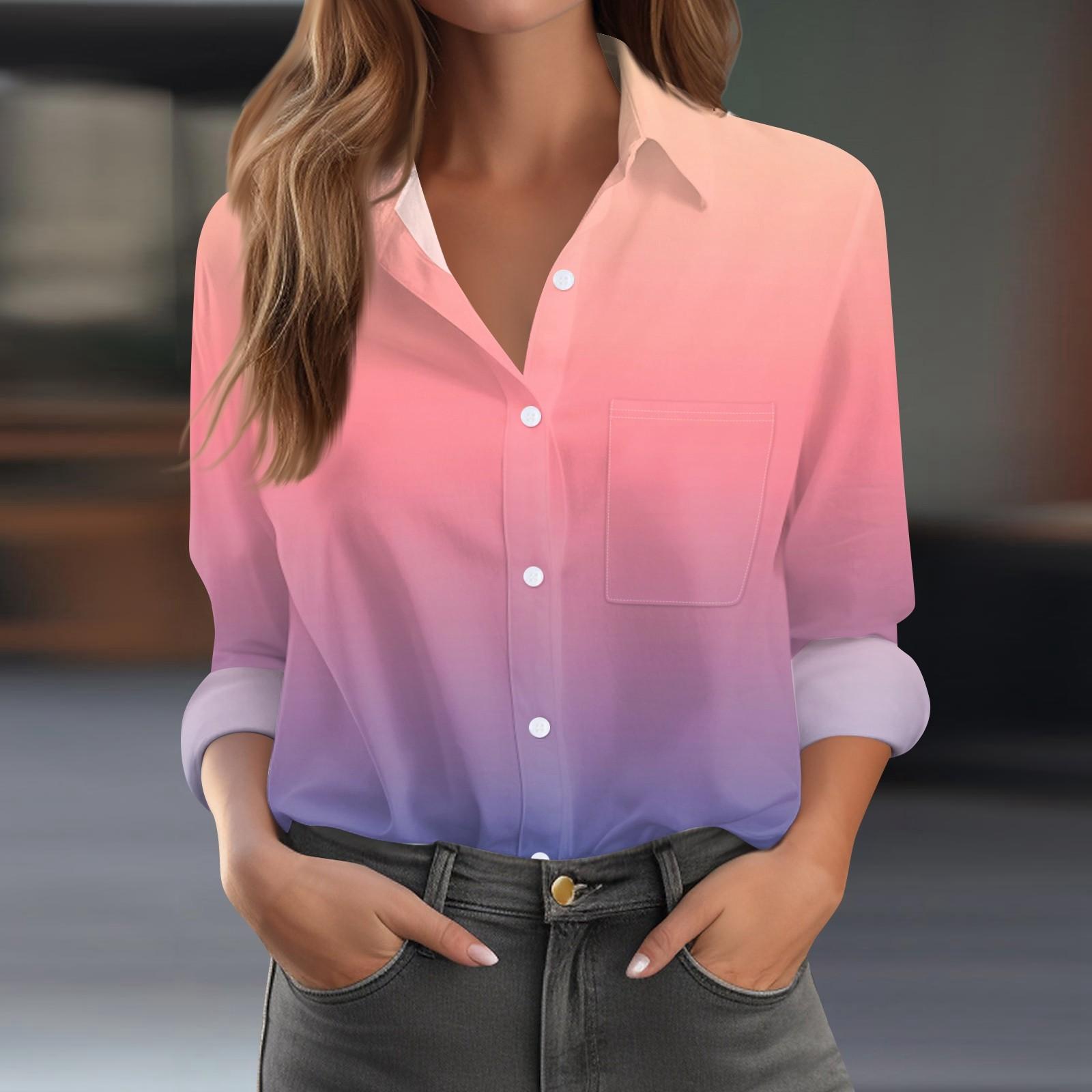 

Женская рубашка блузка с принтом на пуговицах с длинным рукавом повседневная базовая с воротником обычный топ с карманами XL розовый