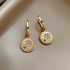 K Real Gold Electroplated Zircon Round Printing Pendant Ear Buckle Retro Temperament Earrings Light Luxury High-end Earrings Women